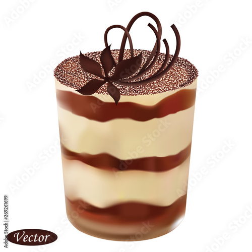 Realistic dessert tiramisu in a glass on a white background. Colorful vector drawing. Design for paper, baners, labels, logos and more.