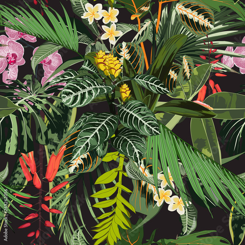 Seamless pattern with tropical leaves and many kind of flowers. Bright green palm monstera leaves on the black background. Tropical illustration. 