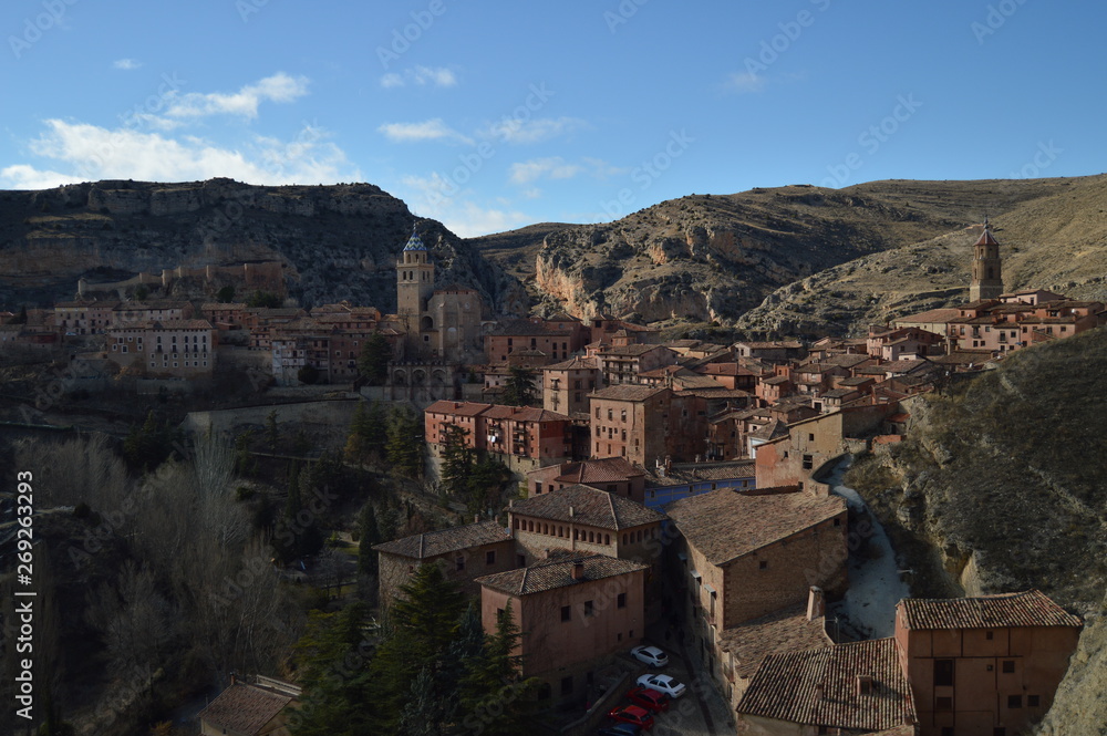 December 28, 2013. Albarracin, Teruel, Aragon, Spain. Medieval Villa Albarracin With The Cathedral In The Background Seen From The Castle. History, Travel, Nature, Landscape, Vacation, Architecture.