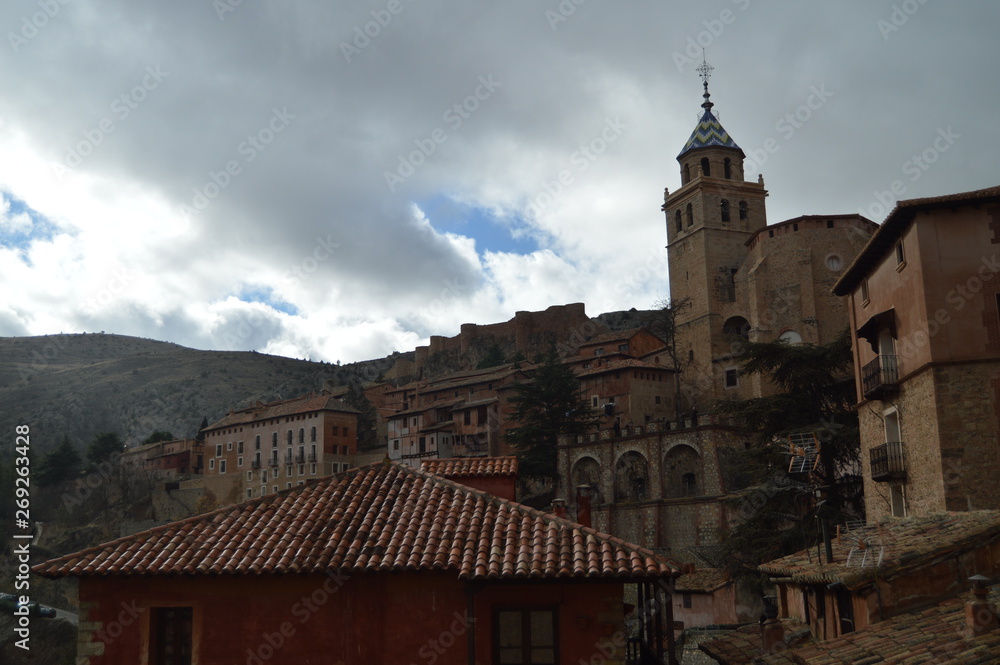 December 28, 2013. Albarracin, Teruel, Aragon, Spain. Cathedral Of El Salvador Seen From The Albarracin Square. History, Travel, Nature, Landscape, Vacation, Architecture.