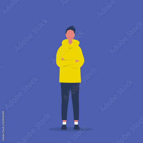 Young character standing with arms crossed. Body language. Passive aggressive behaviour. Dissatisfied. Emotions and gestures. Flat editable vector illustration, clip art