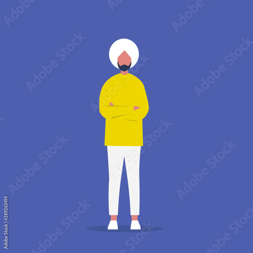 Young indian character standing with arms crossed. Body language. Passive aggressive behaviour. Dissatisfied. Emotions and gestures. Flat editable vector illustration, clip art