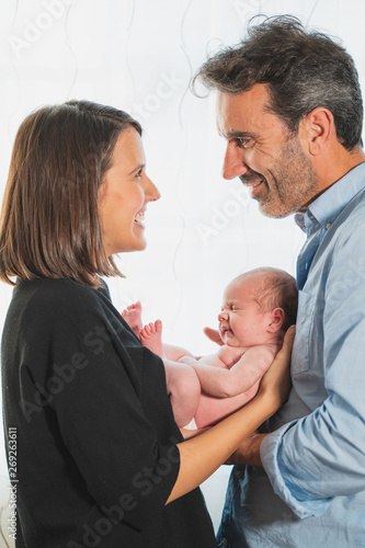 Baby Newborn Sleeping on Parents Hands  New Born Kid Sleep in Family Hand  Child Mother Father over white background