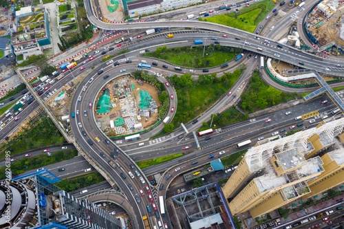 Top down view of traffic road in Hong Kong city