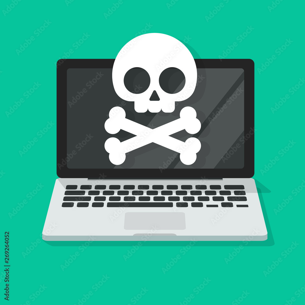 Computer virus or malware alert vector illustration, flat cartoon laptop damaged or spyware error on screen clipart Computer virus or malware alert vector illustration, flat cartoon laptop damaged or spyware error on screen clipart