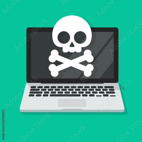 Computer virus or malware alert vector illustration, flat cartoon laptop damaged or spyware error on screen clipart