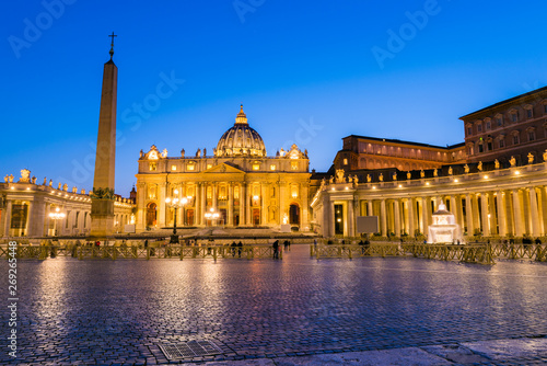 Architecture of the St. Peter's Square and Basilica illuminated at dusk, Vatican City