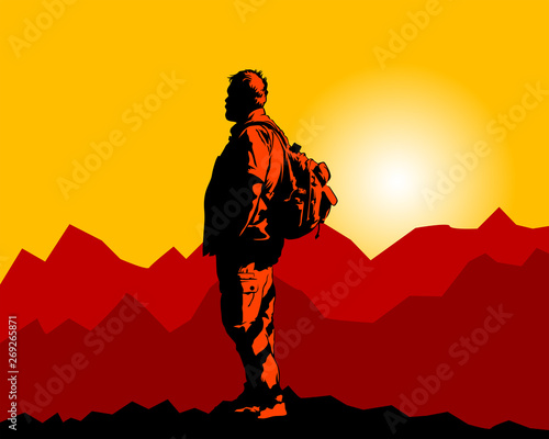 Tourist in hiking clothes with a large backpack