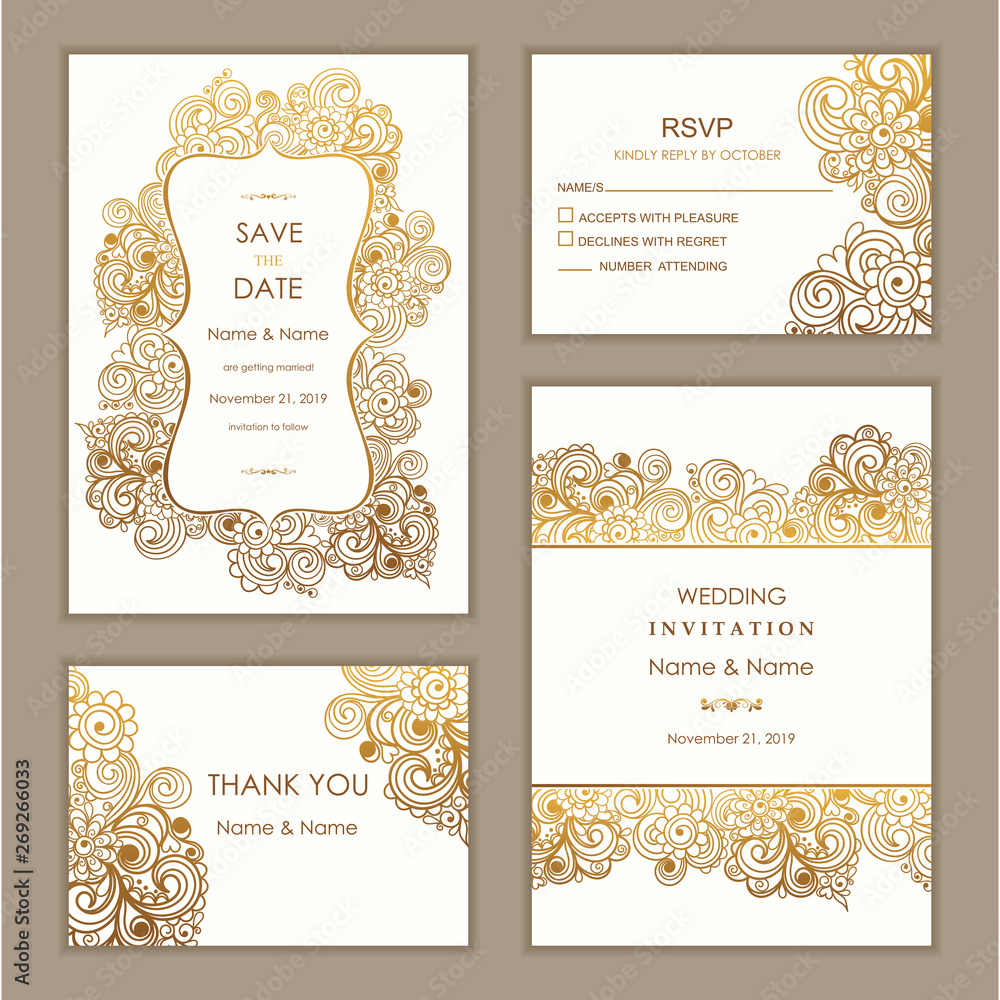 Fototapeta premium Wedding Invitation, with rsvp, save the date and thank you card. Hand drawn floral doodle background. Flowers Pattern. Retro ornament. Summer ornament. Vector illustration.