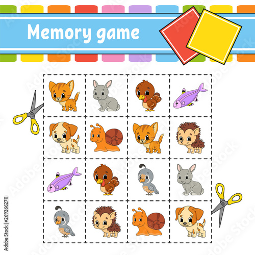 Memory game for kids. Education developing worksheet. Activity page with pictures. Puzzle game for children. Logical thinking training. Isolated vector illustration. Funny character. Cartoon style.