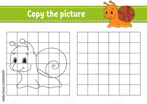 Copy the picture. Coloring book pages for kids. Education developing worksheet. Game for children. Handwriting practice. Funny character. Cute cartoon vector illustration.