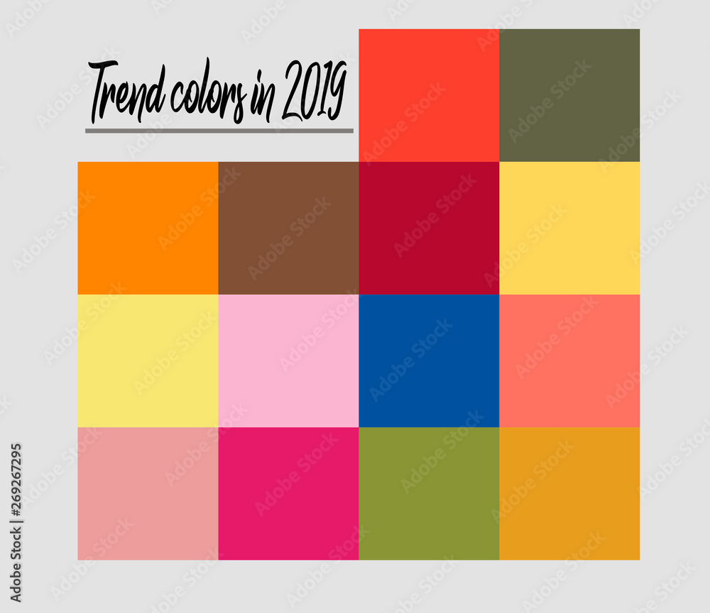  A palette of trendy color guides 2019 with named color swatches, RGB and Tcx. the color of the year is a lively coral. Fashionable colors 