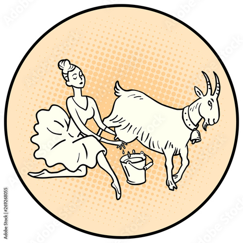Ballerina milking a goat. Farm animals
