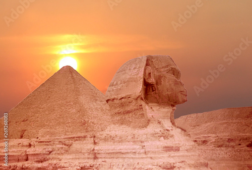 The Sphinx, ancient ruins, Great pyramid of Giza outside the Cairo, Egypt. 
