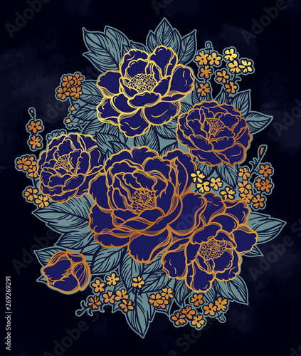 Peonies or roses. Floral vintage bouquet .Oriental style. Vector illustration art. For design textiles, wallpaper,card.