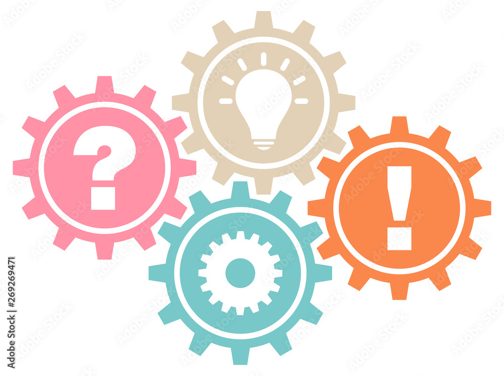 4 Zahnräder Frage, Arbeit, Idee & Antwort Retro 4 Zahnräder Frage, Arbeit, Idee & Antwort Retro