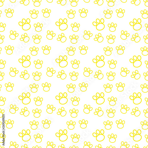Backdrop with silhouettes of cat or dog footprint. yellow Vector illustration animal paw track pattern. Paw print seamless.