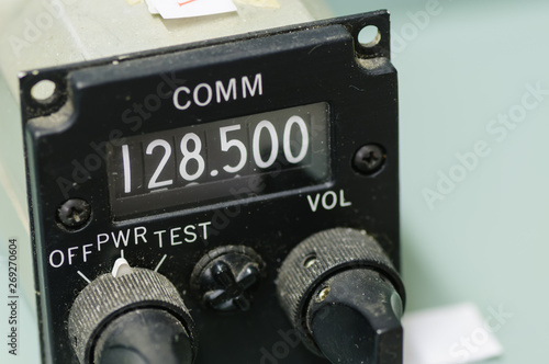VHF radio transmitter module from an airplane control panel set to 128.5 MHz