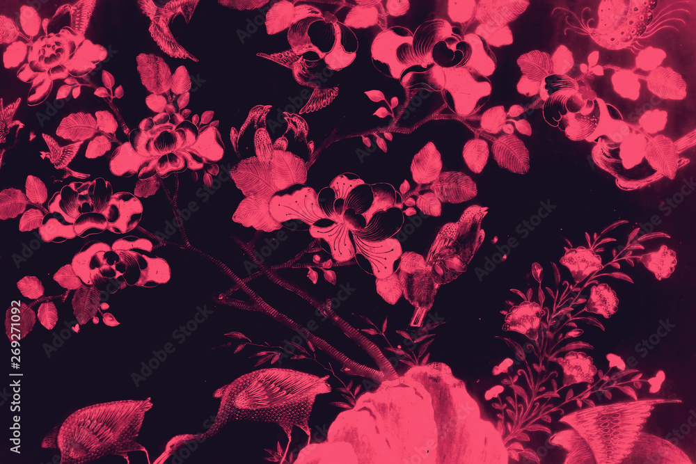 Beautiful tree bird and flowers art paintings color pink and black  illustration pattern background and wallpaper