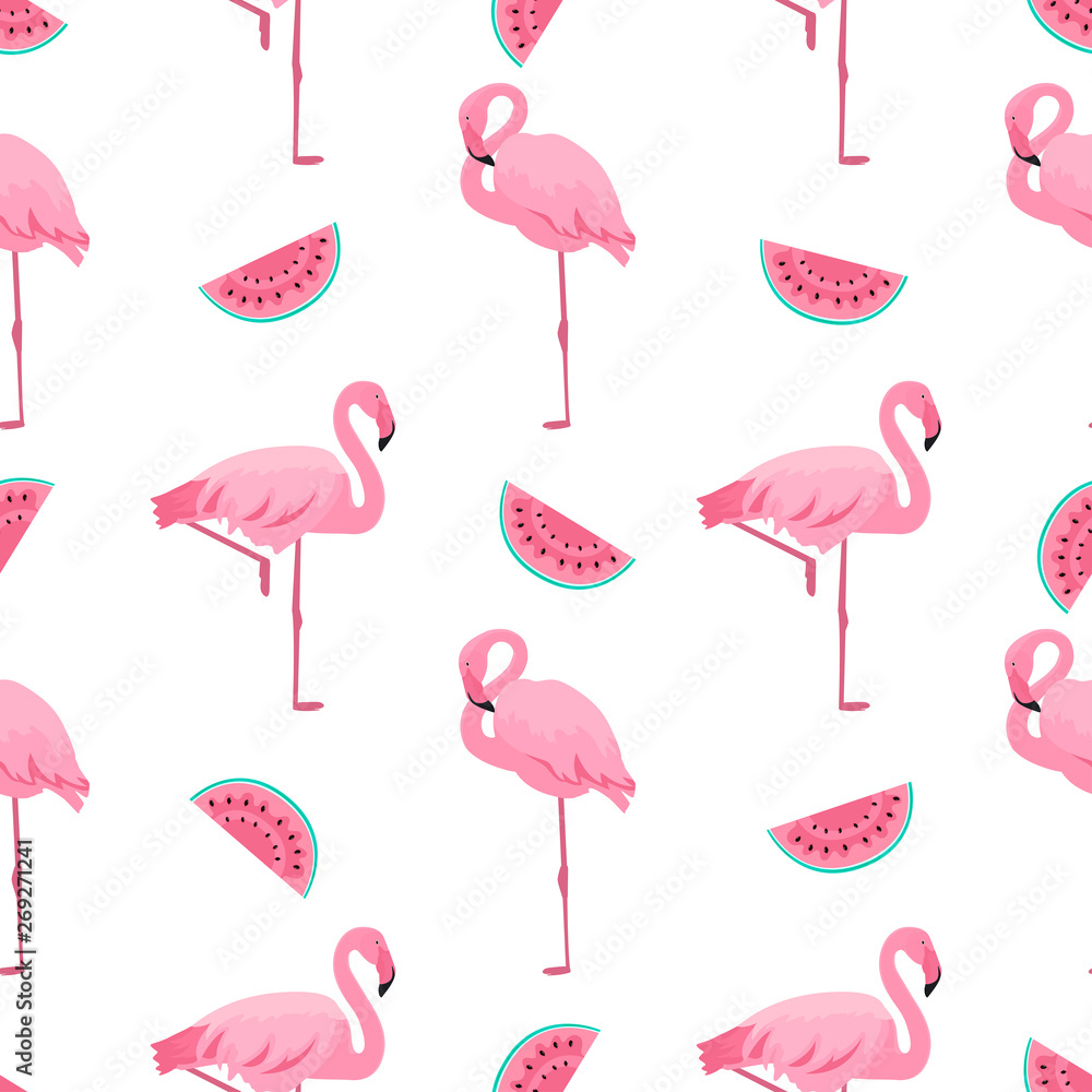 Flamingo and watermelon. Summer tropical seamless pattern. Used for design surfaces, fabrics, textiles, packaging paper, wallpaper Flamingo and watermelon. Summer tropical seamless pattern. Used for design surfaces, fabrics, textiles, packaging paper, wallpaper