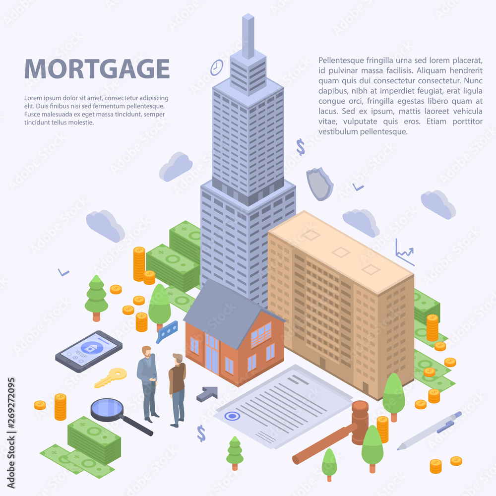 Mortgage building concept background. Isometric illustration of mortgage building vector concept background for web design