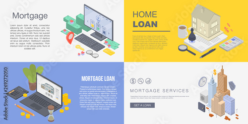 Mortgage banner set. Isometric set of mortgage vector banner for web design