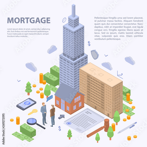 Mortgage building concept background. Isometric illustration of mortgage building vector concept background for web design