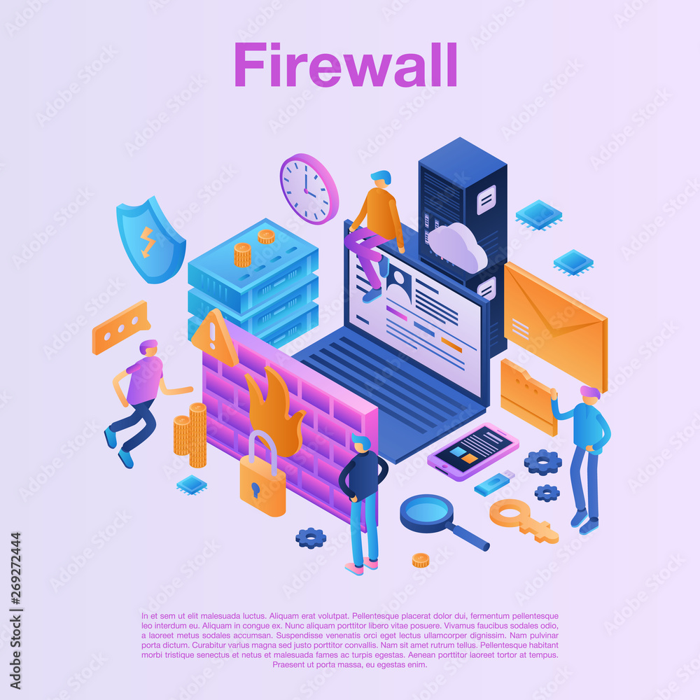 Firewall data concept background. Isometric illustration of firewall