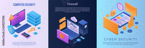 Firewall banner set. Isometric set of firewall vector banner for web design photo