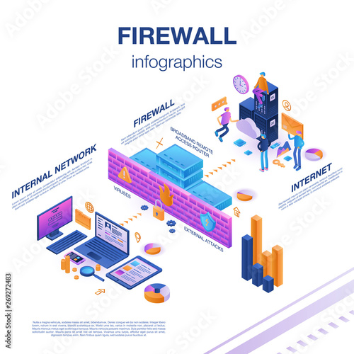 Firewall server infographic. Isometric of firewall server vector infographic for web design photo