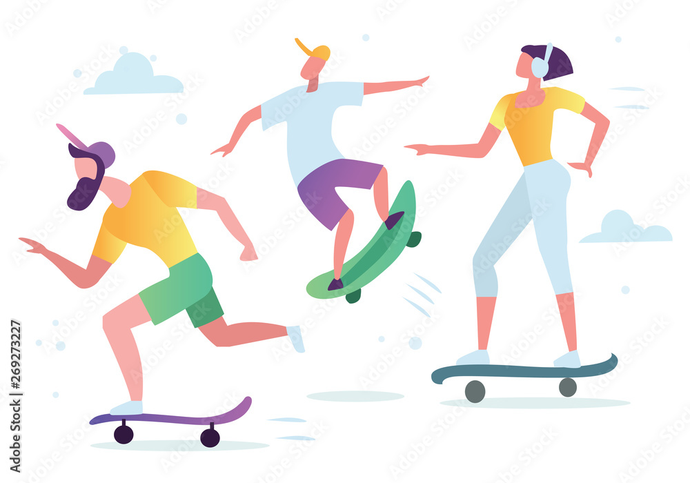 Man and woman characters skateboarding, roller skates, fitness. Active people in the park. Summer outdoor.  Flat vector concept illustration
