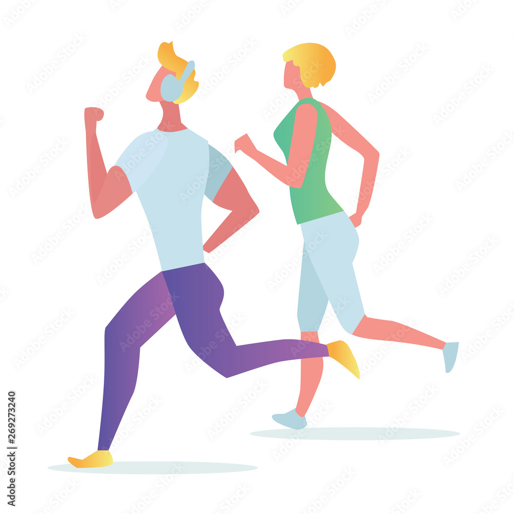 Man and woman characters running, riding bicycle, skateboarding, roller skates, fitness. Active people in the park. Summer outdoor.  Flat vector concept illustration