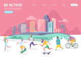 Vectorurban landscape in a minimalist style. Man and woman characters running, riding bicycle, skateboarding, roller skates, fitness. The city. Vector illustration