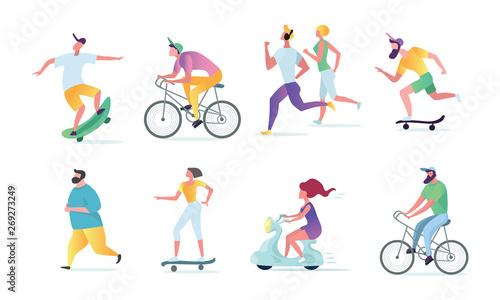 Man and woman characters running, riding bicycle, skateboarding, roller skates, fitness. Active people in the park. Summer outdoor. Flat vector concept illustration