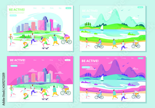 Fototapeta Naklejka Na Ścianę i Meble -  Set of landing page template of Stay healthy be active. Modern flat design concept of web page design for website and mobile website. Vector illustration