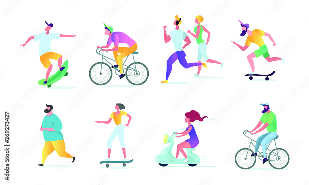 Man and woman characters running, riding bicycle, skateboarding, roller skates, fitness. Active people in the park. Summer outdoor. Flat vector concept illustration Man and woman characters running, riding bicycle, skateboarding, roller skates, fitness. Active people in the park. Summer outdoor. Flat vector concept illustration