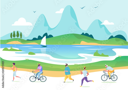 Vectorurban landscape in a minimalist style. Man and woman characters running  riding bicycle  skateboarding  roller skates  fitness. The city. Vector illustration