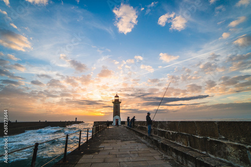 Colorful sunset over Felgueiras Lighthouse and the Atlantic Ocean, in Porto