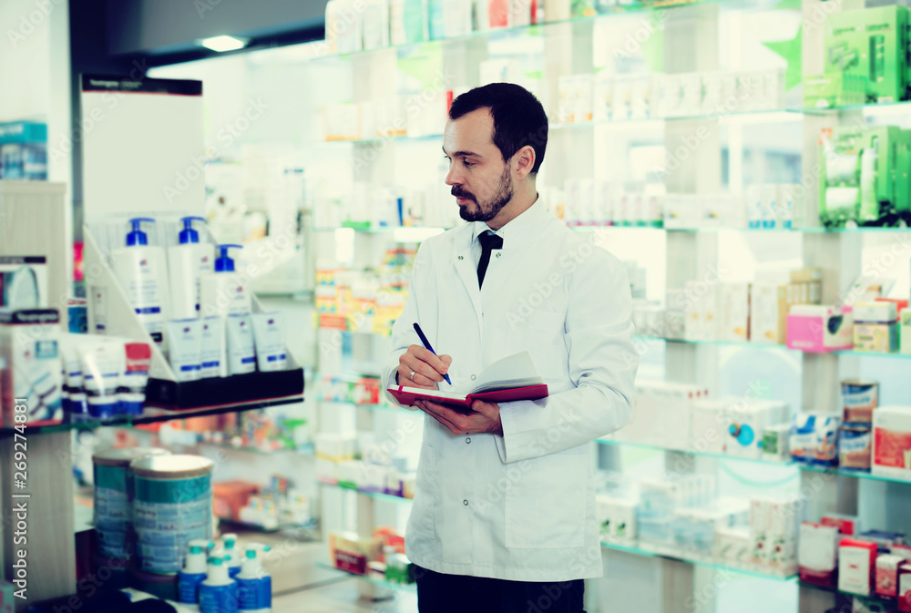 Pharmacist checking drugs in pharmacy