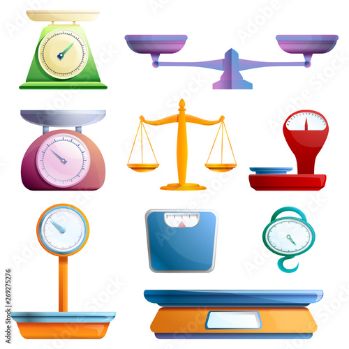 Weigh scales icons set. Cartoon set of weigh scales vector icons for web design