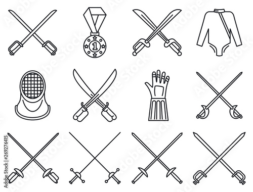 Fencing sport icons set. Outline set of fencing sport vector icons for web design isolated on white background