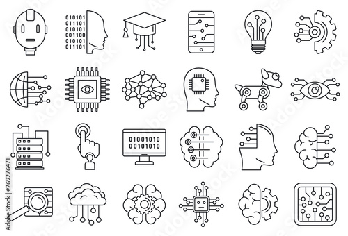 Artificial intelligence system icons set. Outline set of artificial intelligence system vector icons for web design isolated on white background