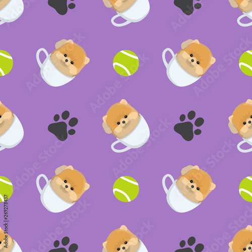 Baby cute pomeranian puppy in a tea cup with footprint symbol and football seamless pattern background
