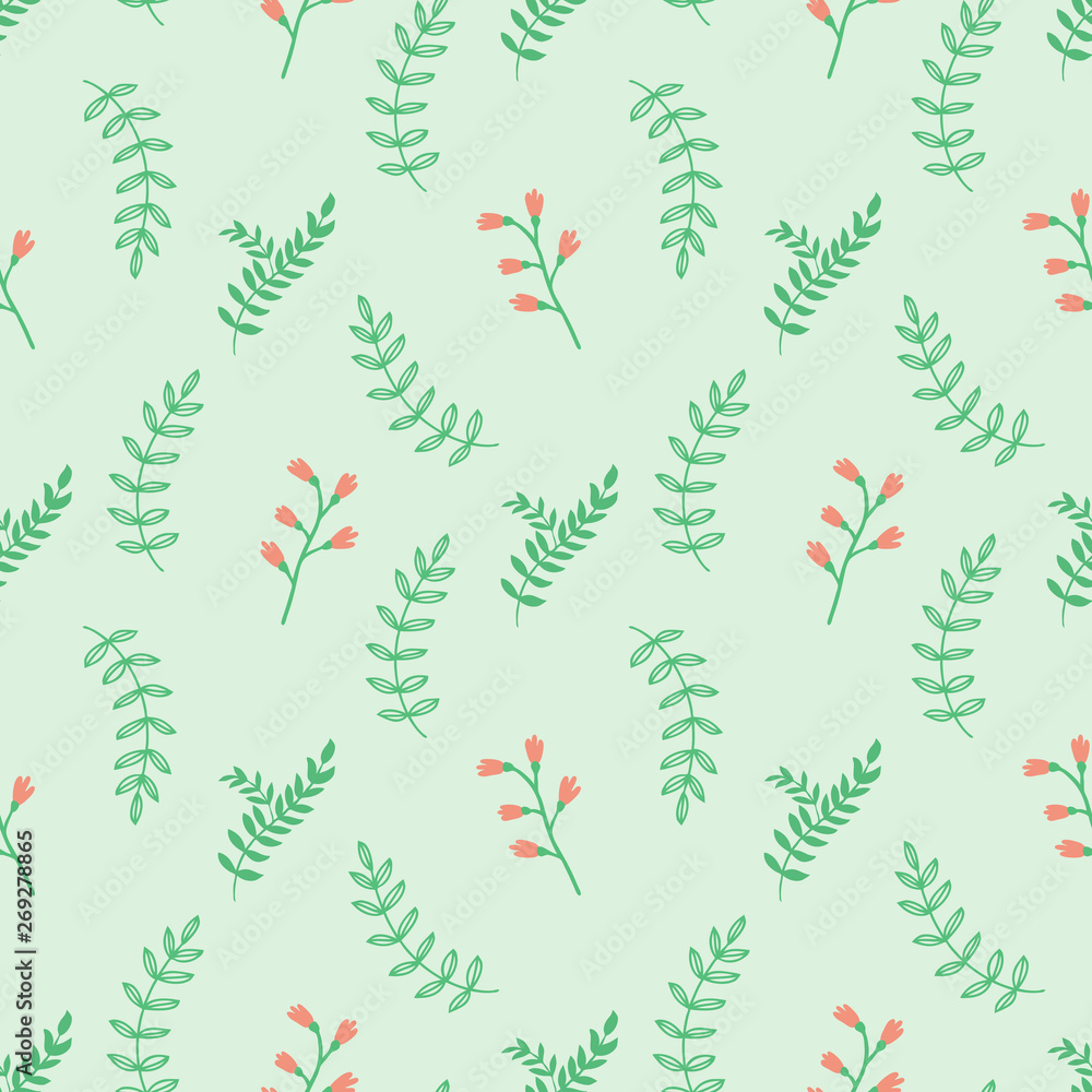 Seamless pattern with plants on a light background. Organic ornament. Suitable for printing on fabric, gift wrapping, wall decoration. Hand-drawn illustration.