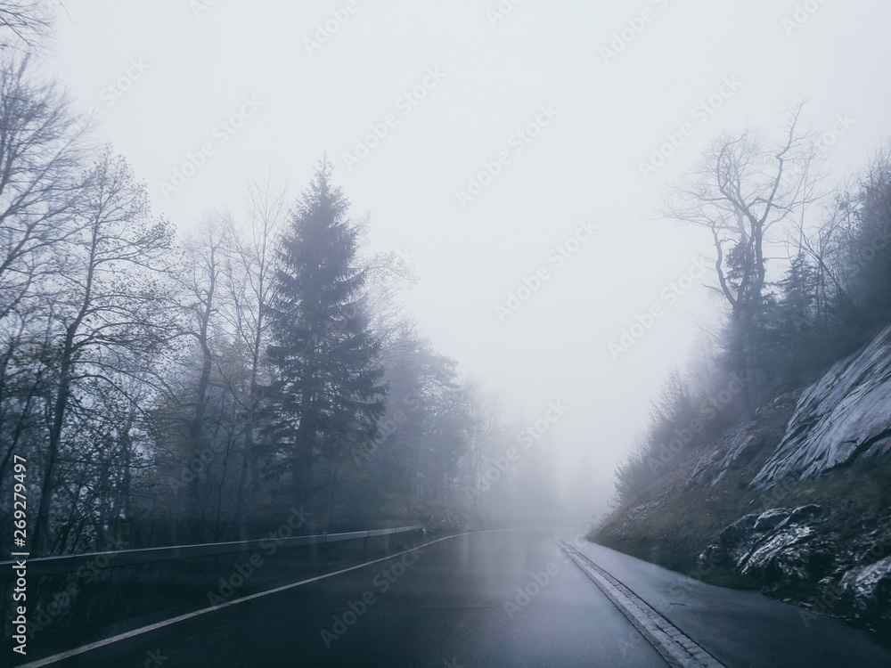Foggy road in Swiss Alps Foggy road in Swiss Alps