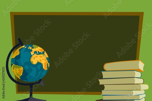 globe, books and school board on a green background