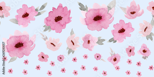 Horizontal seamless border with pastel rose flowers on baby blue background.