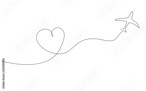 Airplane with heart in sky one line drawing sketch vector illustration