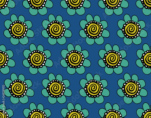 Modern seamless blue Indian pattern with flowers