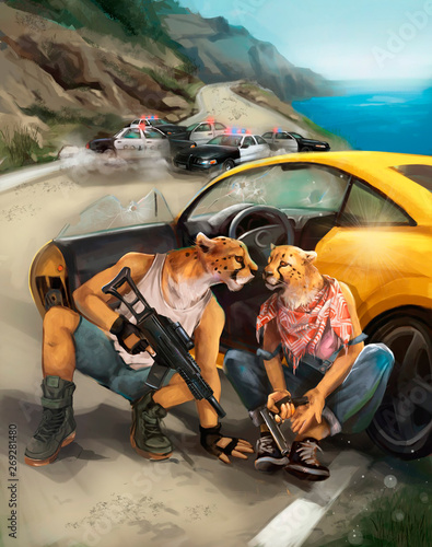 Canvas Print illustration of the bandits flee from the police